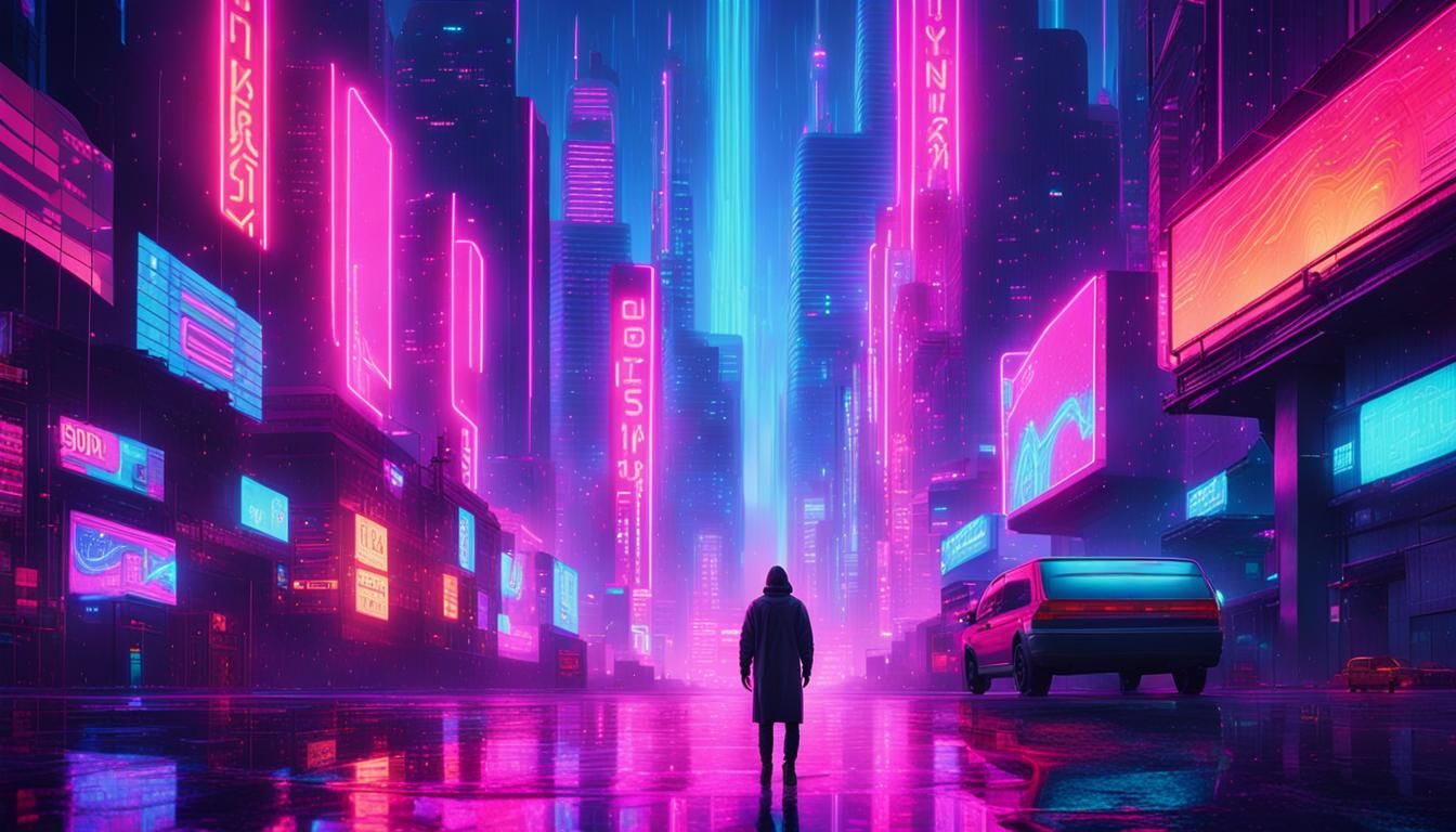 Synthwave Cityscape with Neon Lights and Lone Figure