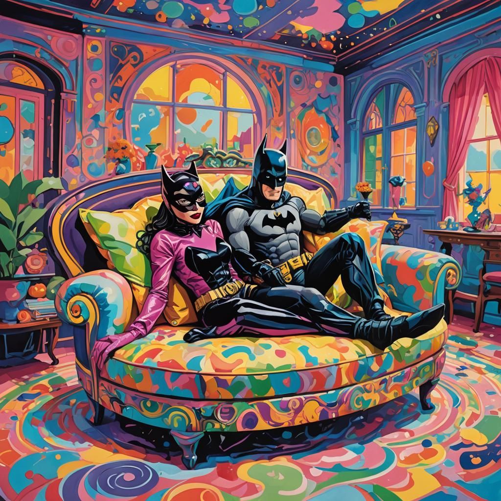 Batman and Catwoman Relaxing in Gouache Painting Style