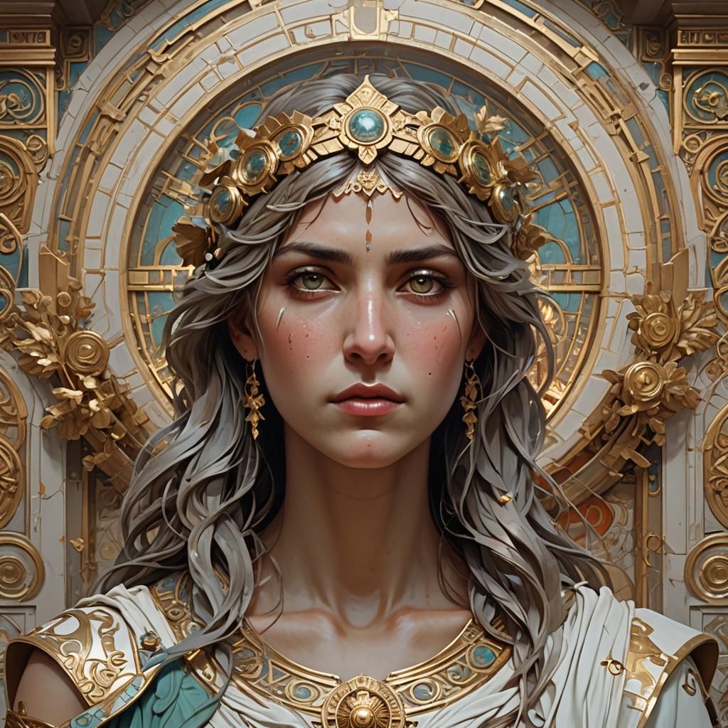 Foto einer griechischen Göttin,  als ganze Gestalt an einem weißen antiken Tempel lehnen