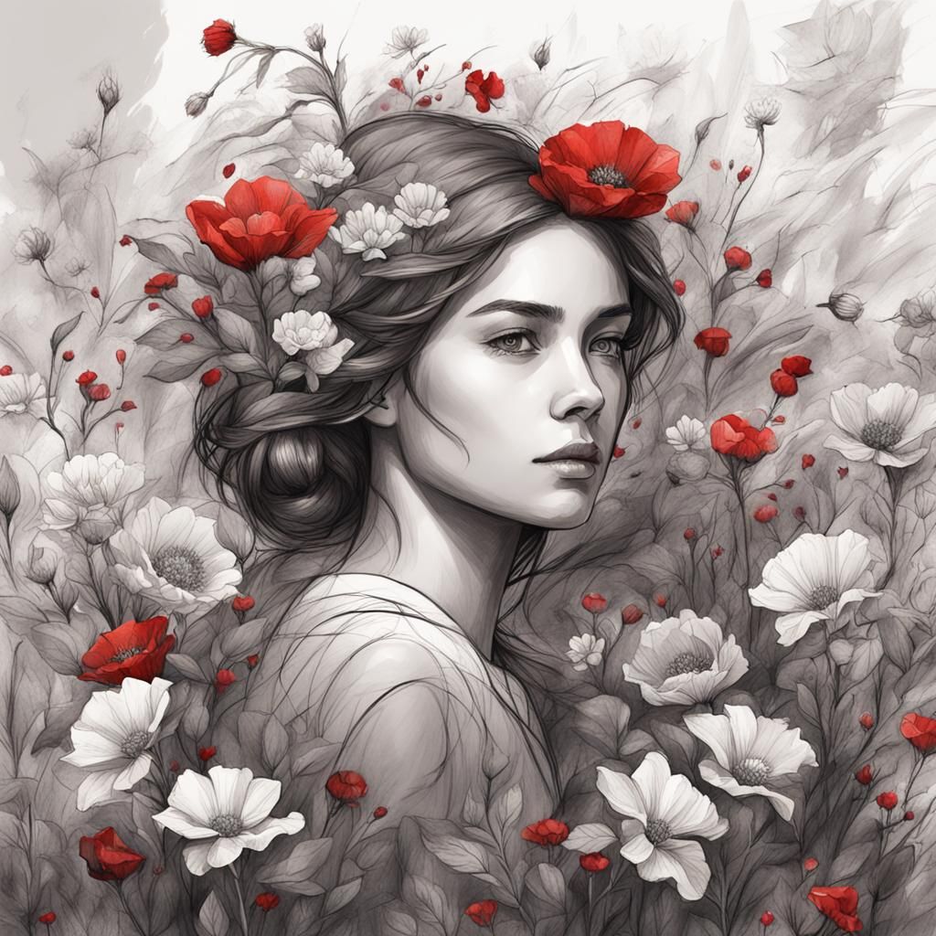 Minimalist Charcoal Sketch of Girl with Red Flowers