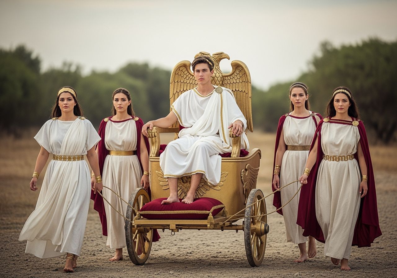 Young Roman Emperor in Gold Chariot, Professional Photograph...
