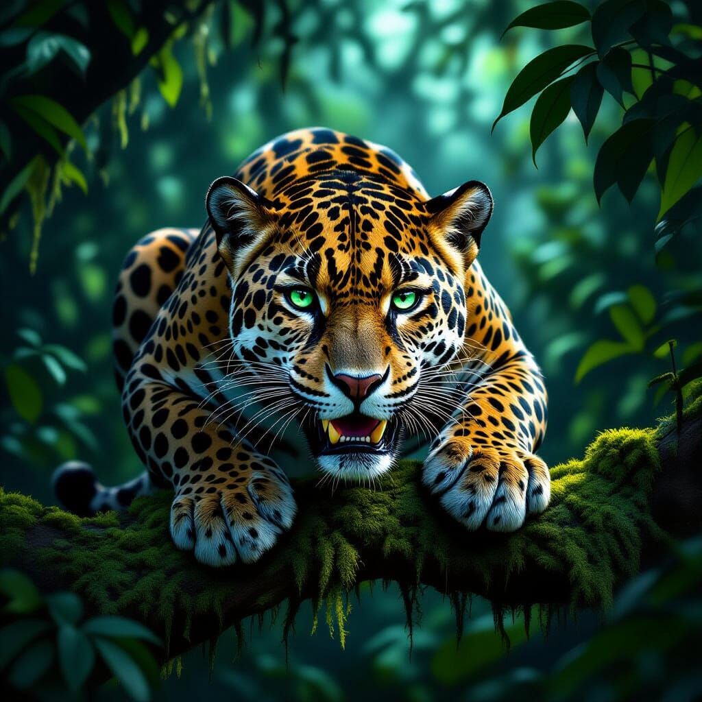 Muscular Jaguar in Moonlit Jungle, Hyper-Realistic Digital P...