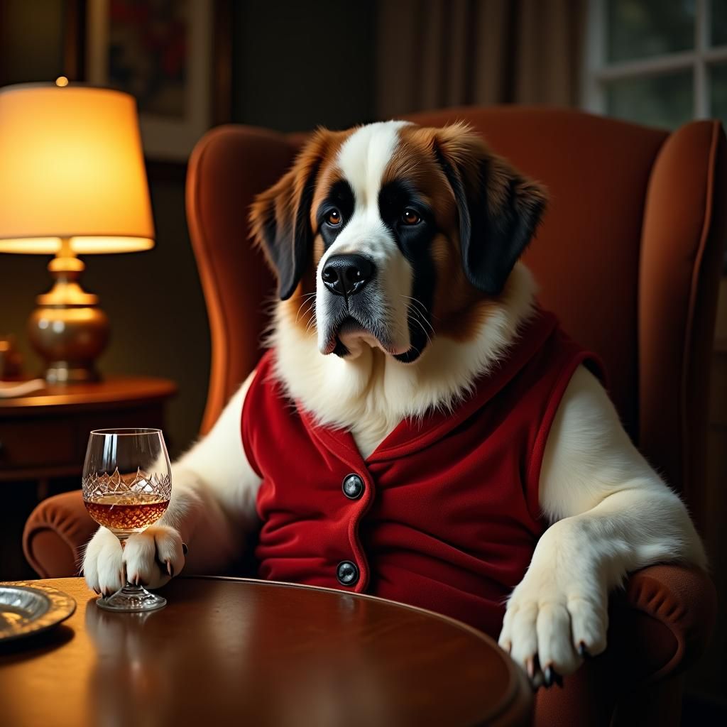St. Bernard Dog Enjoying Whisky in Armchair