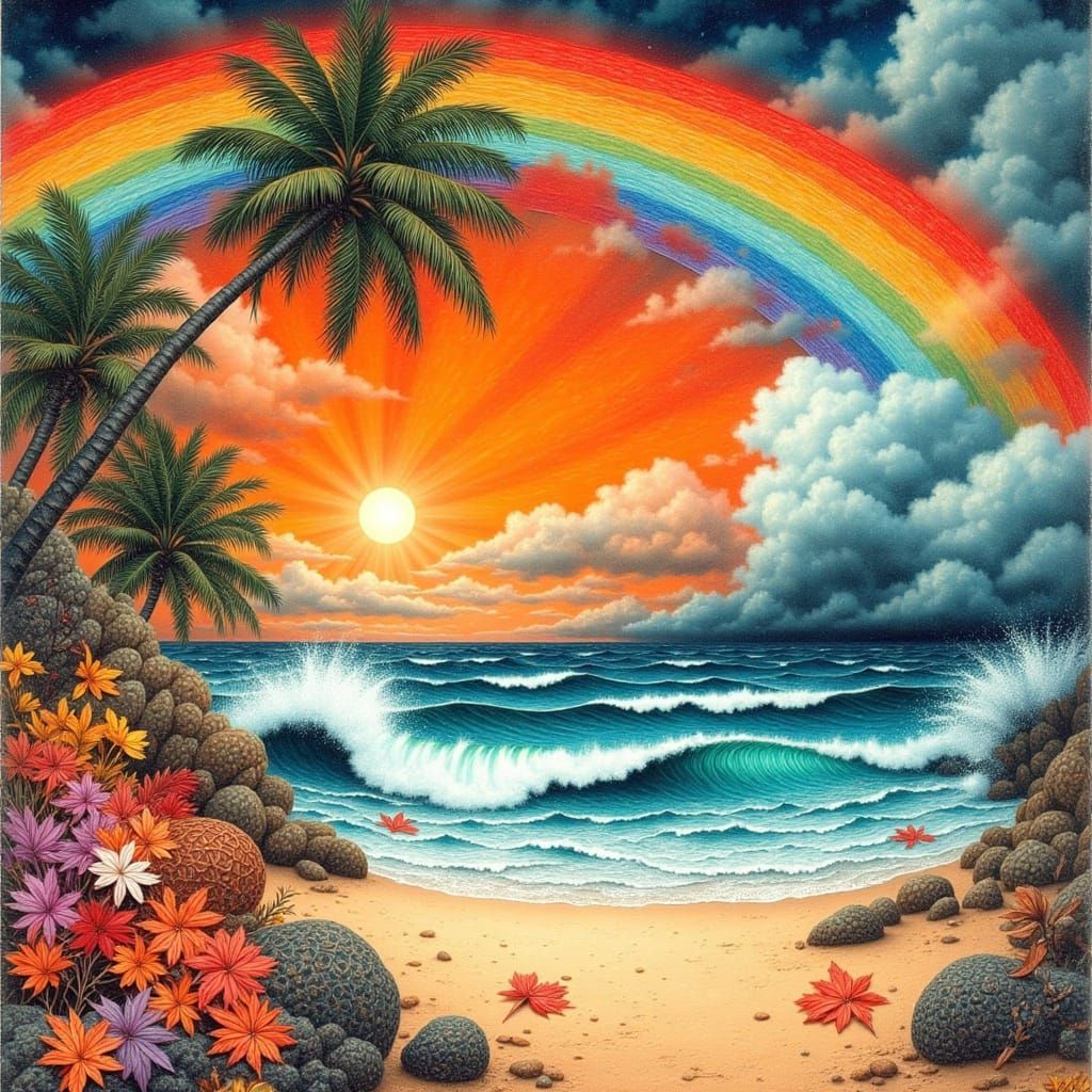 Tropical Beach Sunset Collage Art with Rainbow