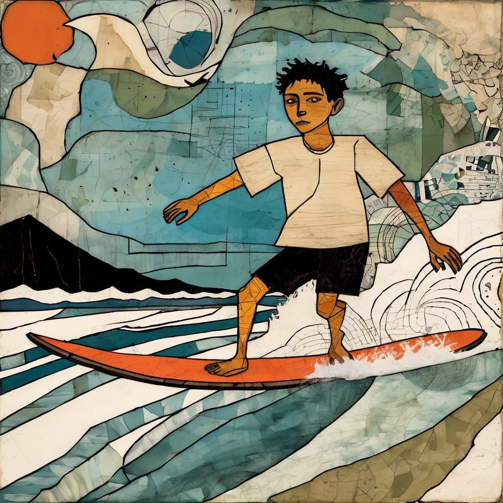 Boy Surfing in Mixed Media Style