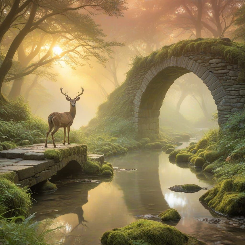 Mystical Stone Bridge at Dusk with Bioluminescent Light