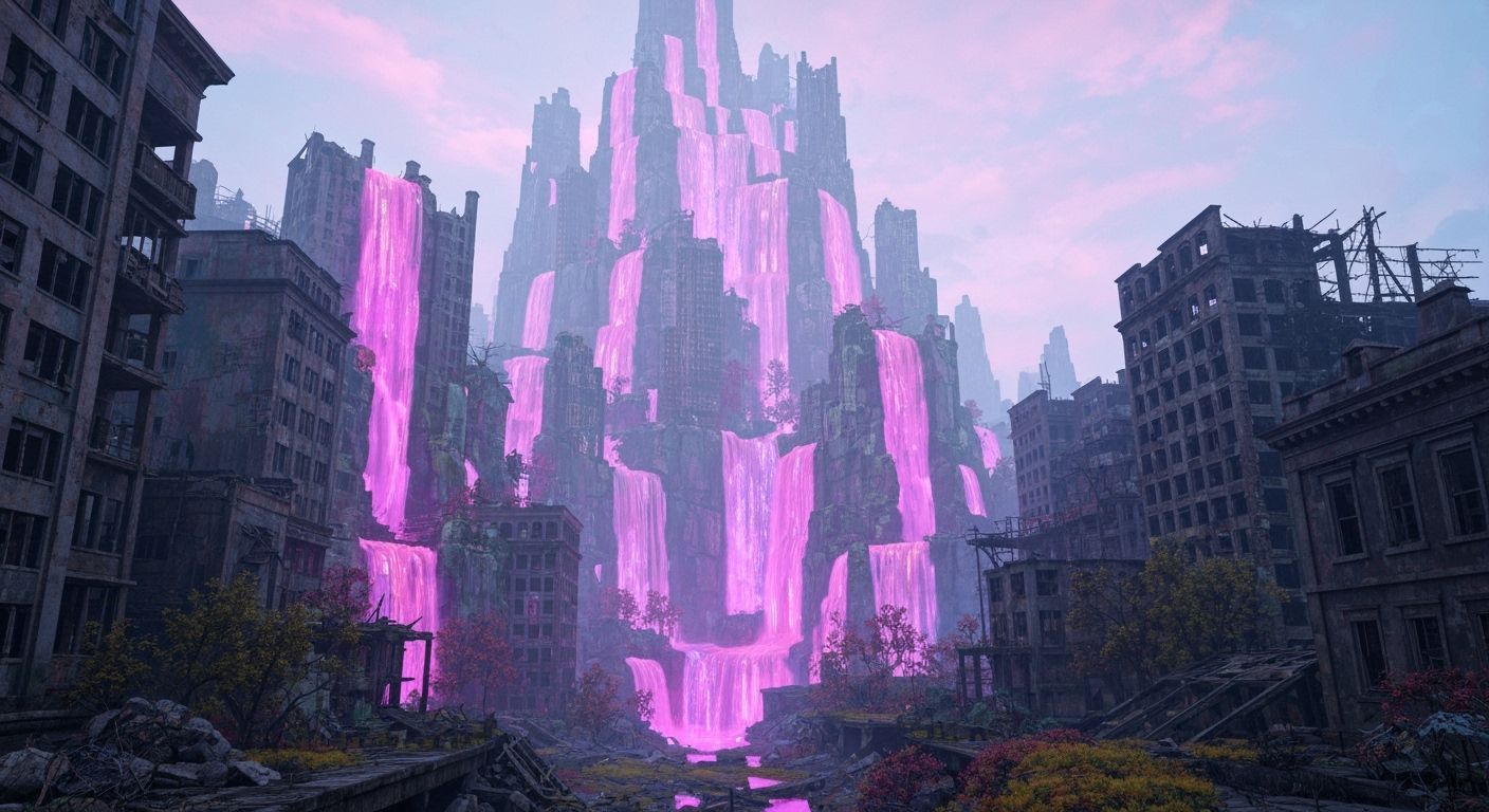 Ethereal Abandoned Cityscape in Vibrant Colors