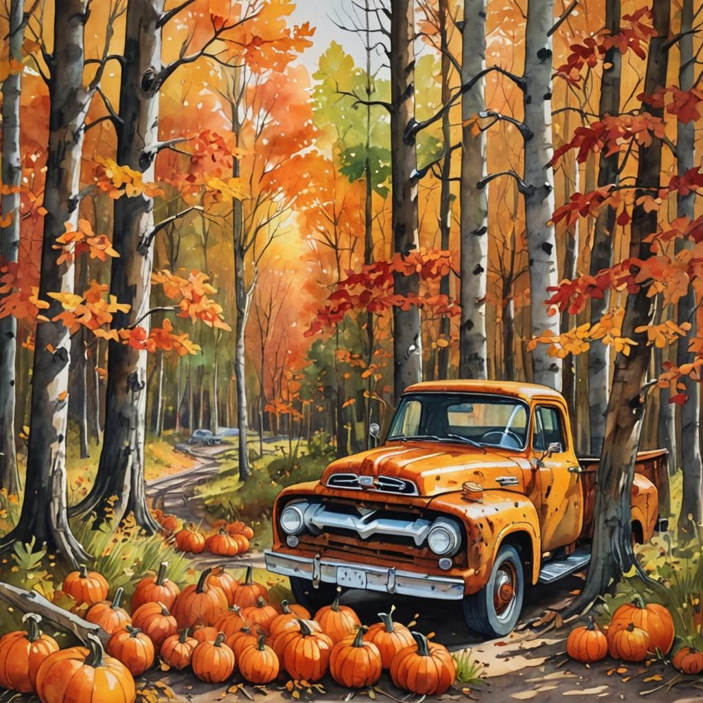 Ford Pickup Truck Full of Pumpkins in Gouache Style