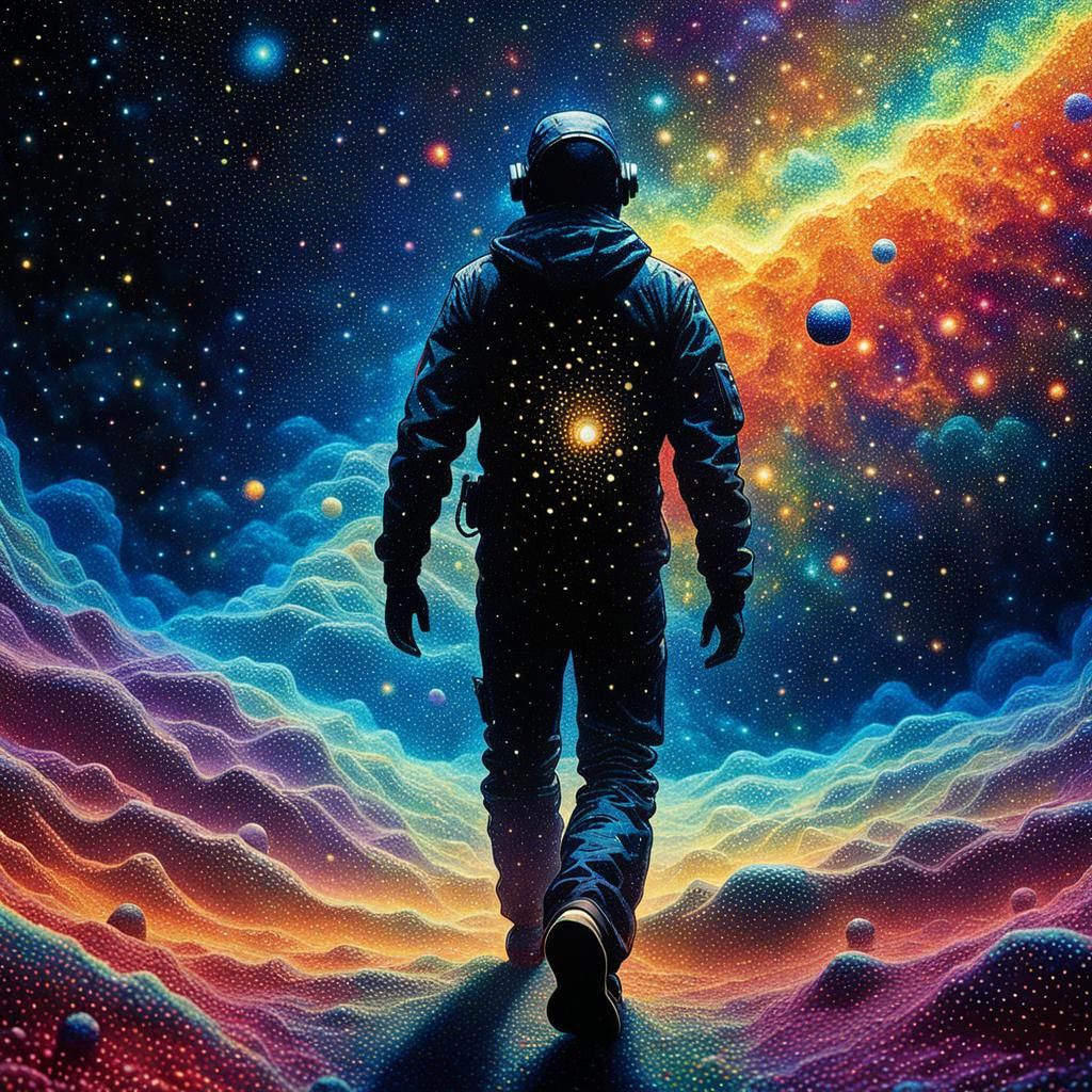 Mysterious Figure Walks Through Nebula in Pointillism Style