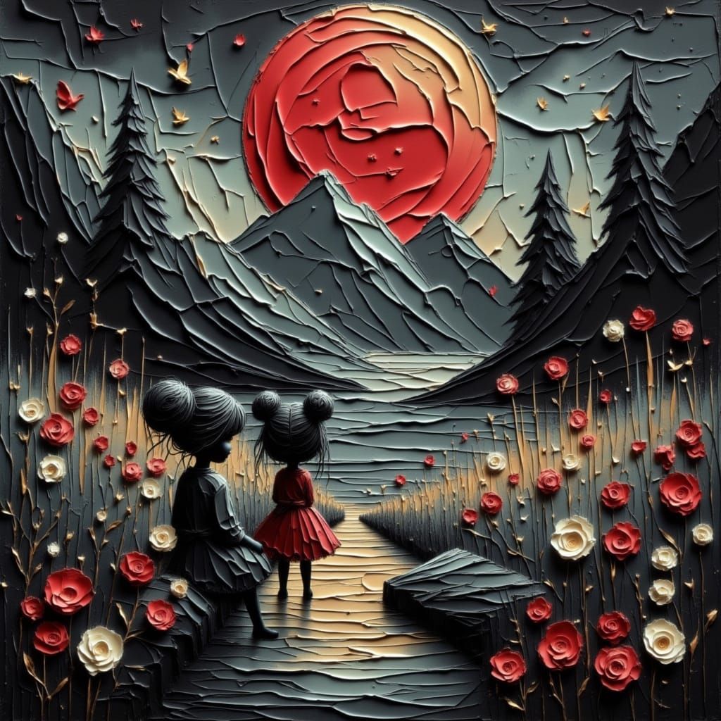 Red Full Moon Over Idyllic Glade with Children