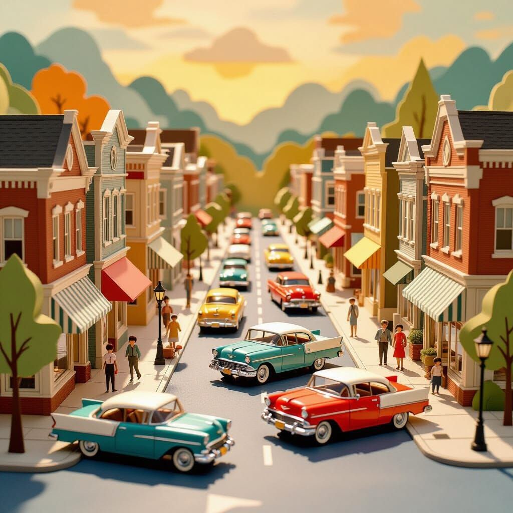 1950s American Street Scene Paper Diorama