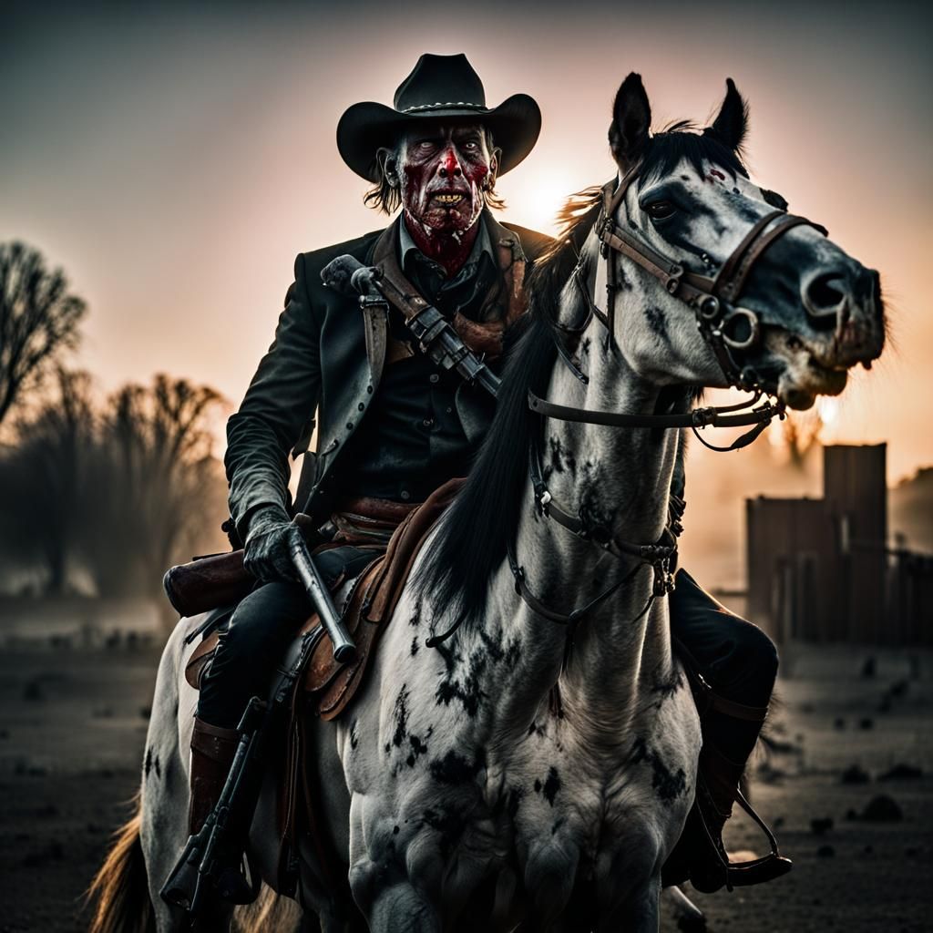 Zombie Cowboy on Zombie Horse at Sunset