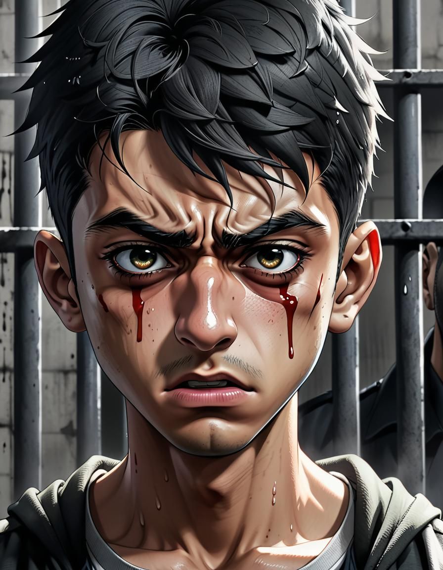 Distressed Boy in Prison Cell: Anime-Style Portrait