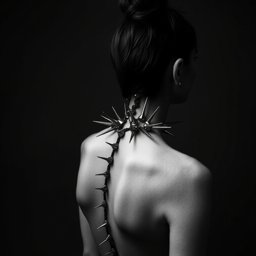 Dark Grayscale Image: Woman with Metal Spikes