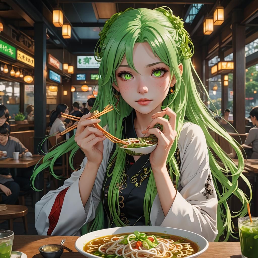 Anime Girl Eating Pho, Detailed Matte Painting