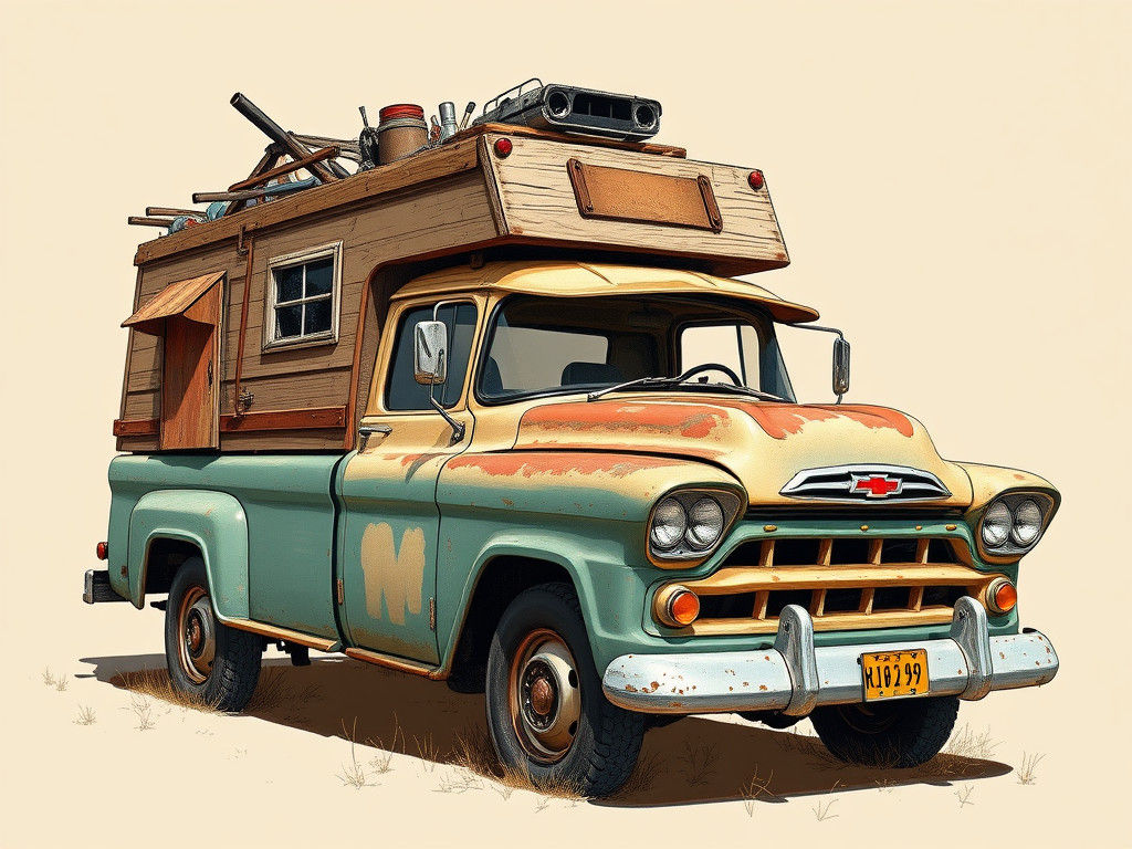 Vintage Truck Topped with Whimsical Campervan Art