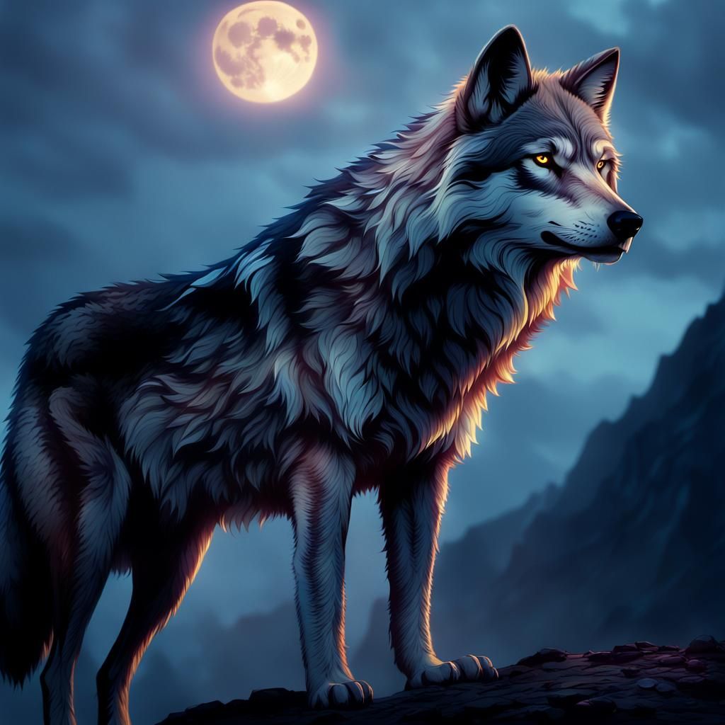 Mystical Wolf on Moonlit Peak in Film Noir Style