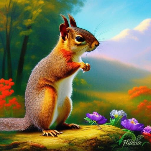 Squirrels Sharing Flowers in Golden Light