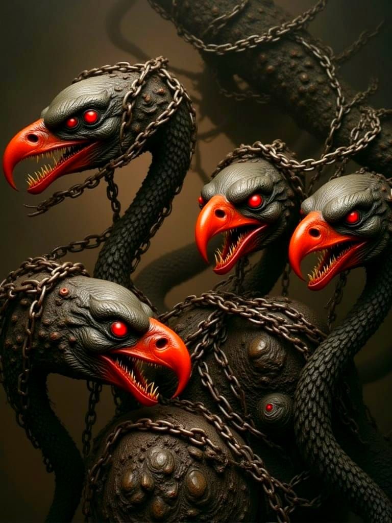 Four Chained Demonic Ravens With Glowing Red Eyes