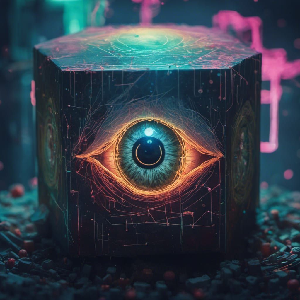 Eye in Cube: Cyberpunk Portrait with Luminescent Particles