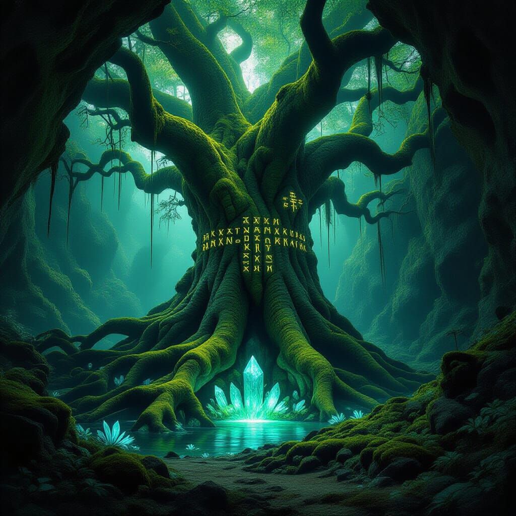 Ancient Tree Roots in Bioluminescent Cavern, Rune-Carved Bar...