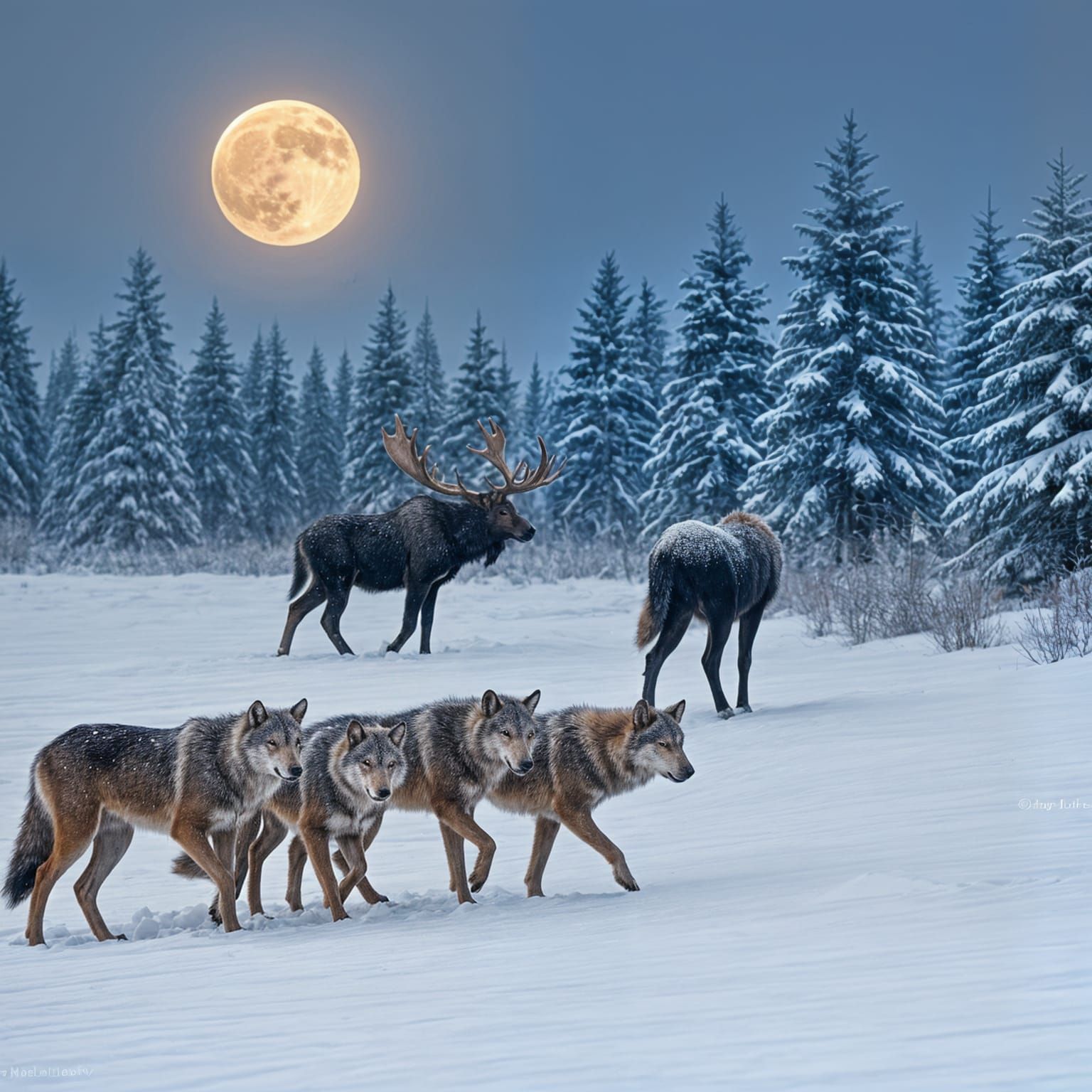 Arctic Wolves Encounter Moose in Snowy Moonlight