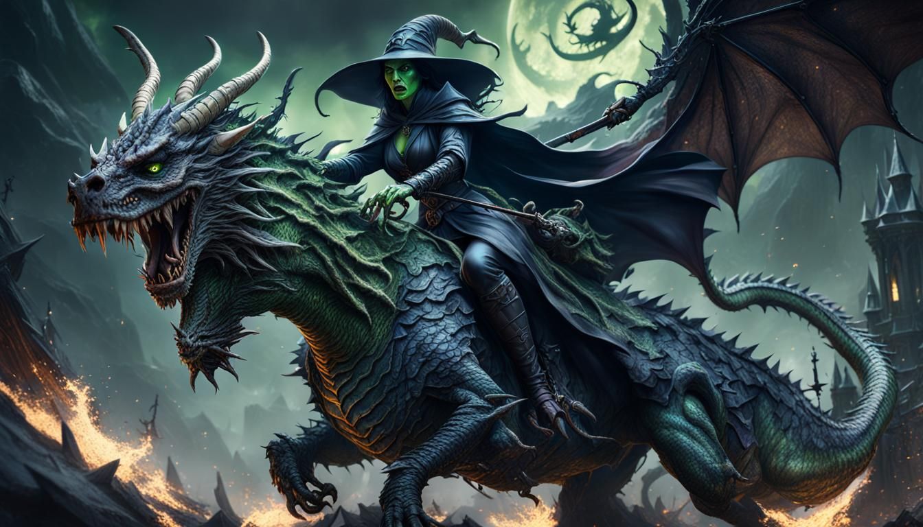 Wicked Witch Rides Dragon-Basilisk Beast in Fantasy Art