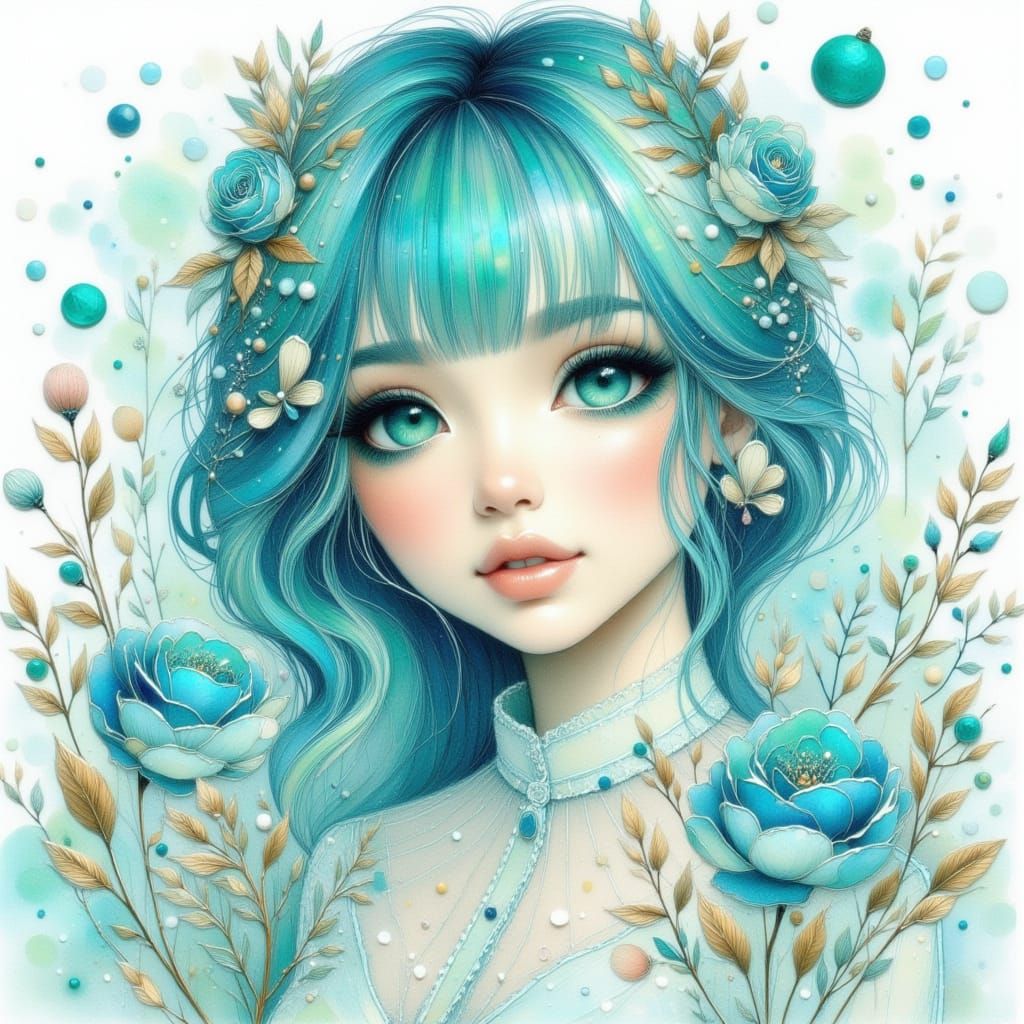 Pretty Woman Portrait with Teal Hair and Turquoise Eyes