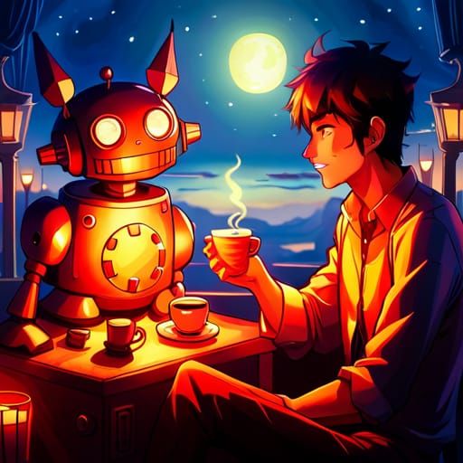 Cozy Cafe Scene with Man, Robot, and Anime Aesthetic