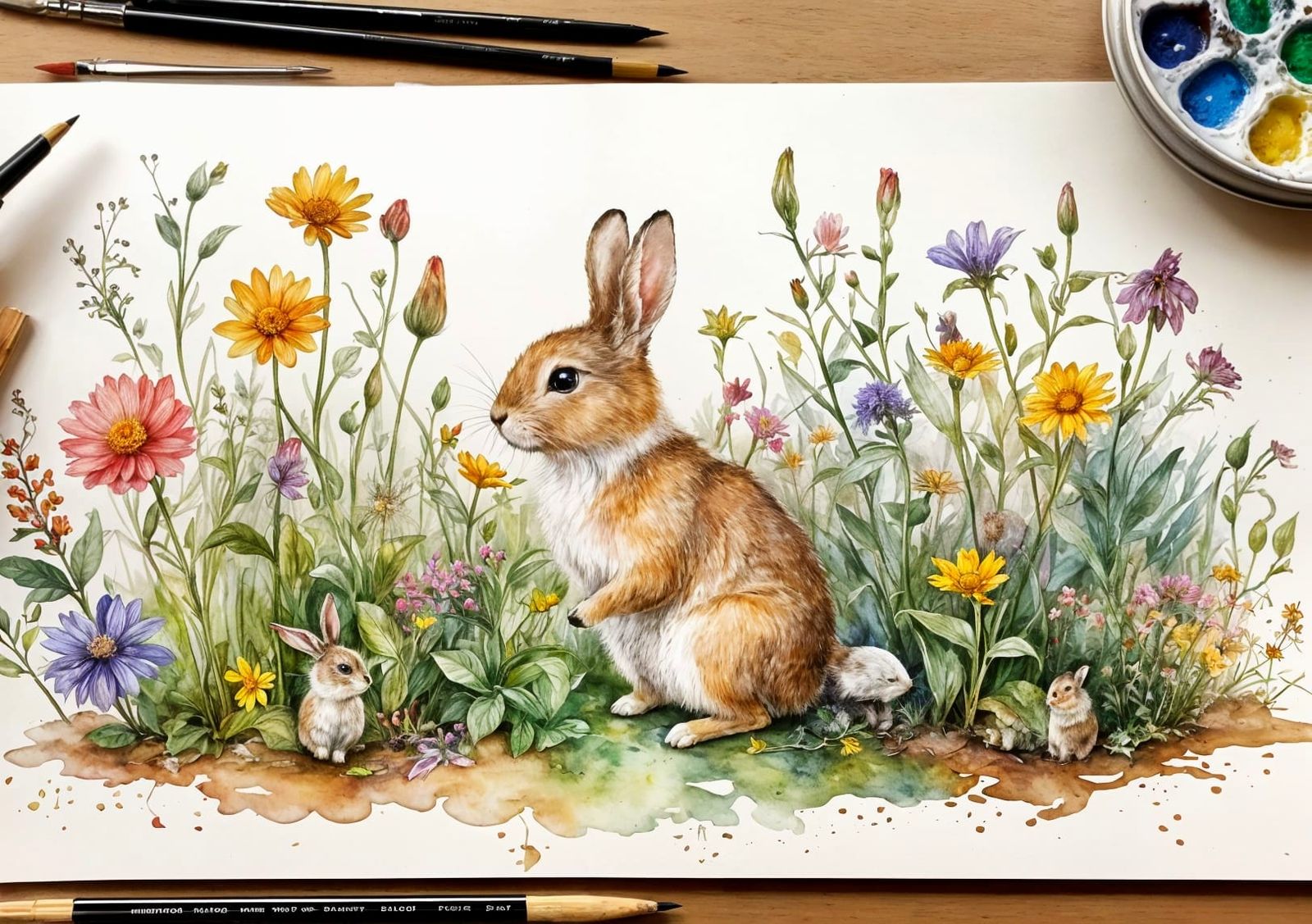 Whimsical Watercolor of Fairy Rabbits Painting Wildflowers