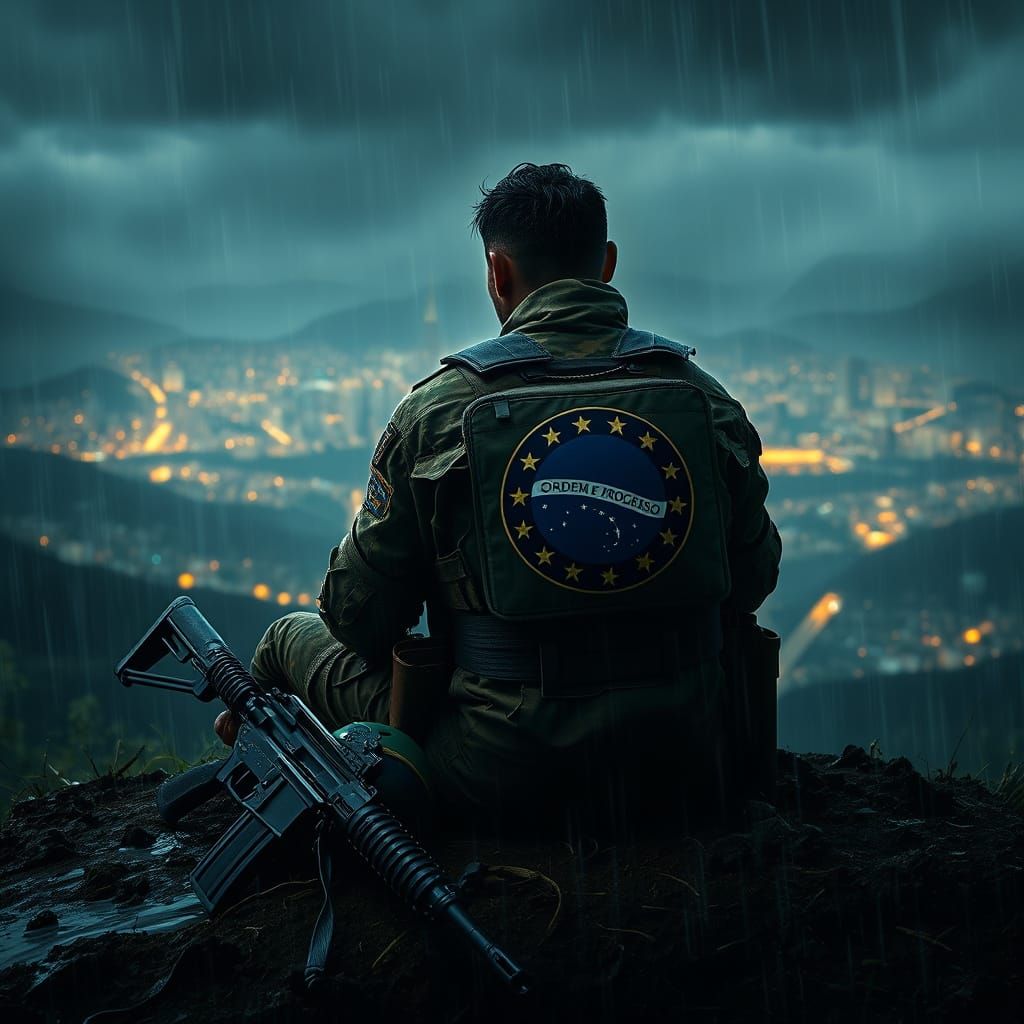 Brazilian Soldier in Stormy Night Landscape