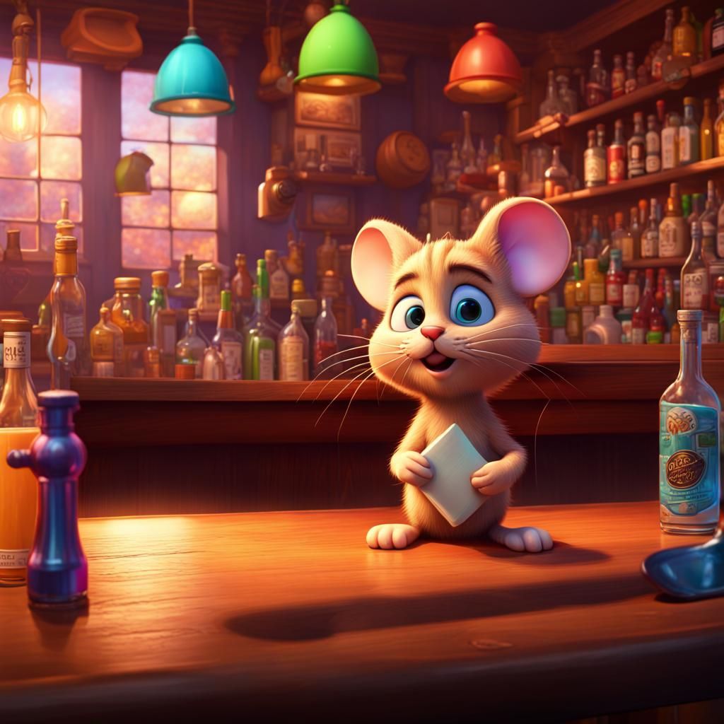 Mouse and Cat in Bar: Pixar-Style 3D Digital Art