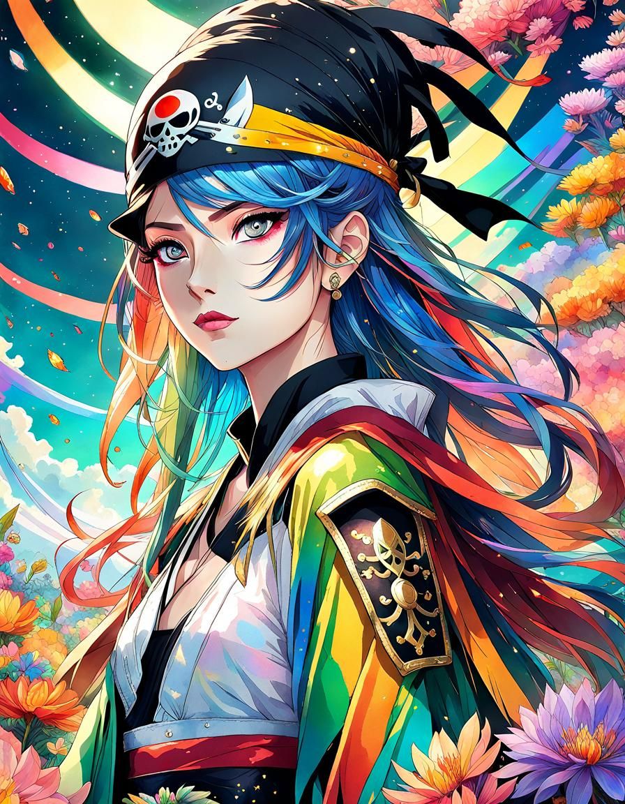 Ninja Pirate Goddess in Rainbow Flower Sea: Anime Art