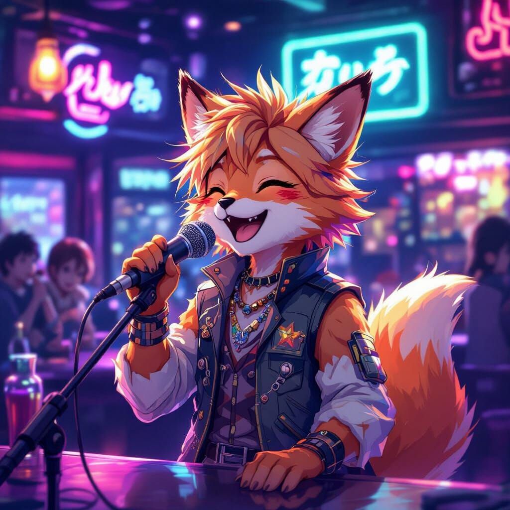 Anime Tabaxi Sings Karaoke in Neon Bar