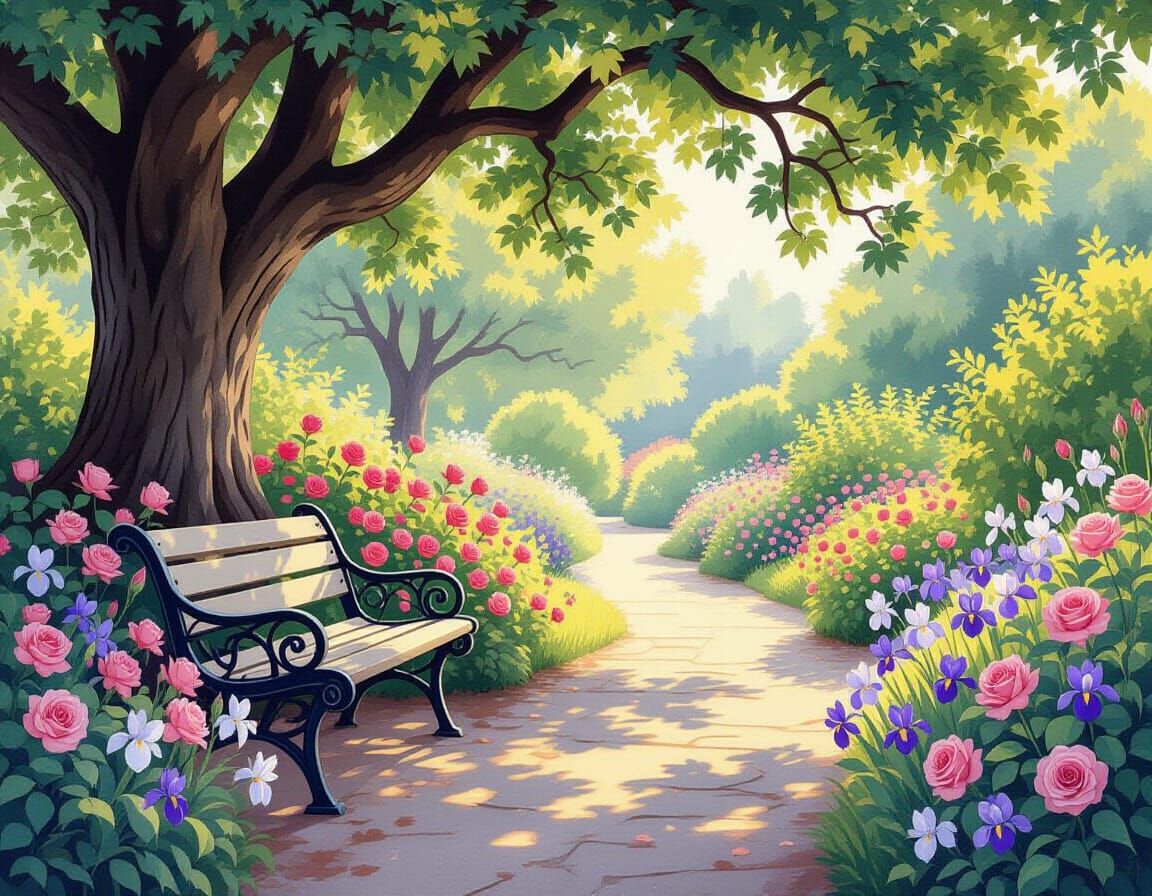 Serene Garden Path with Roses and Irises in Art Nouveau Styl...