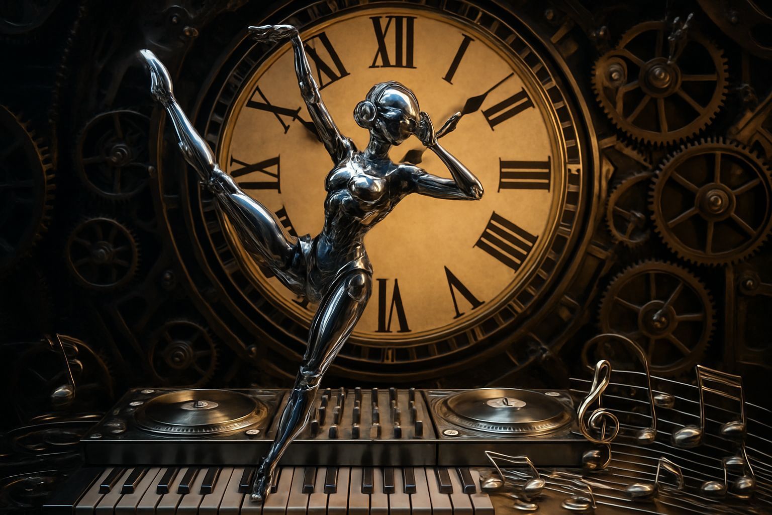 Robotic Ballerina DJ Dancing on Metallic Instruments