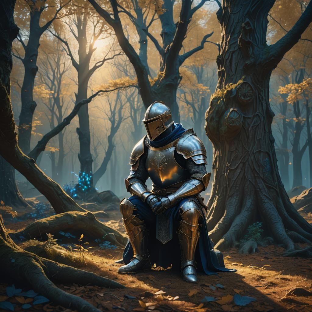Mystical Knight Praying in Ethereal Forest