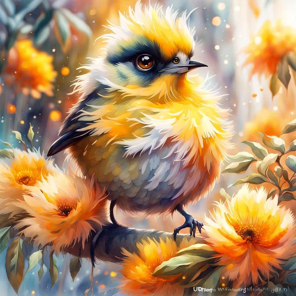 Fluffy Urban Bird in Watercolor Style