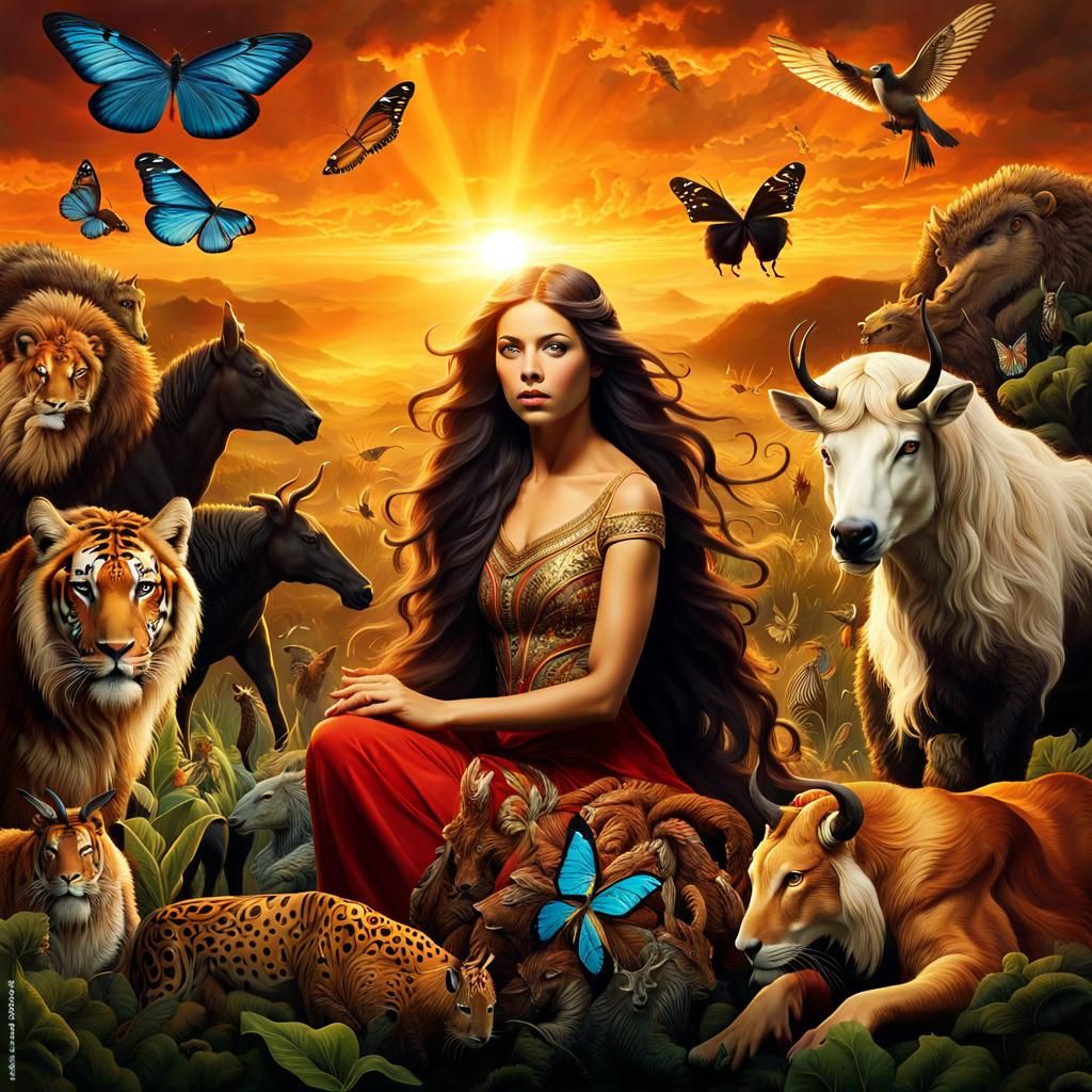 Mythical Woman Surrounded by Animals at Sunset