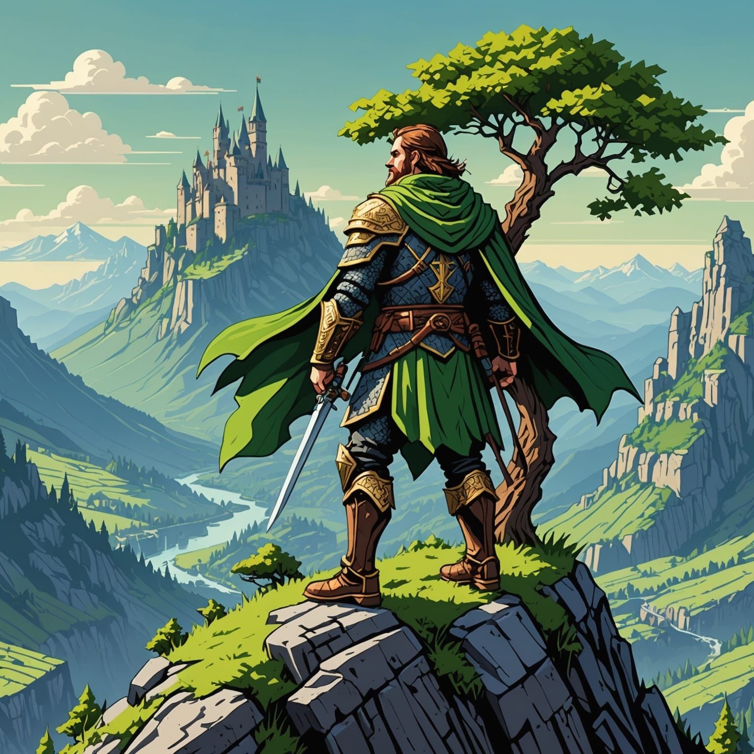 8-Bit Hero Squire on Mountain Peak at Sunset