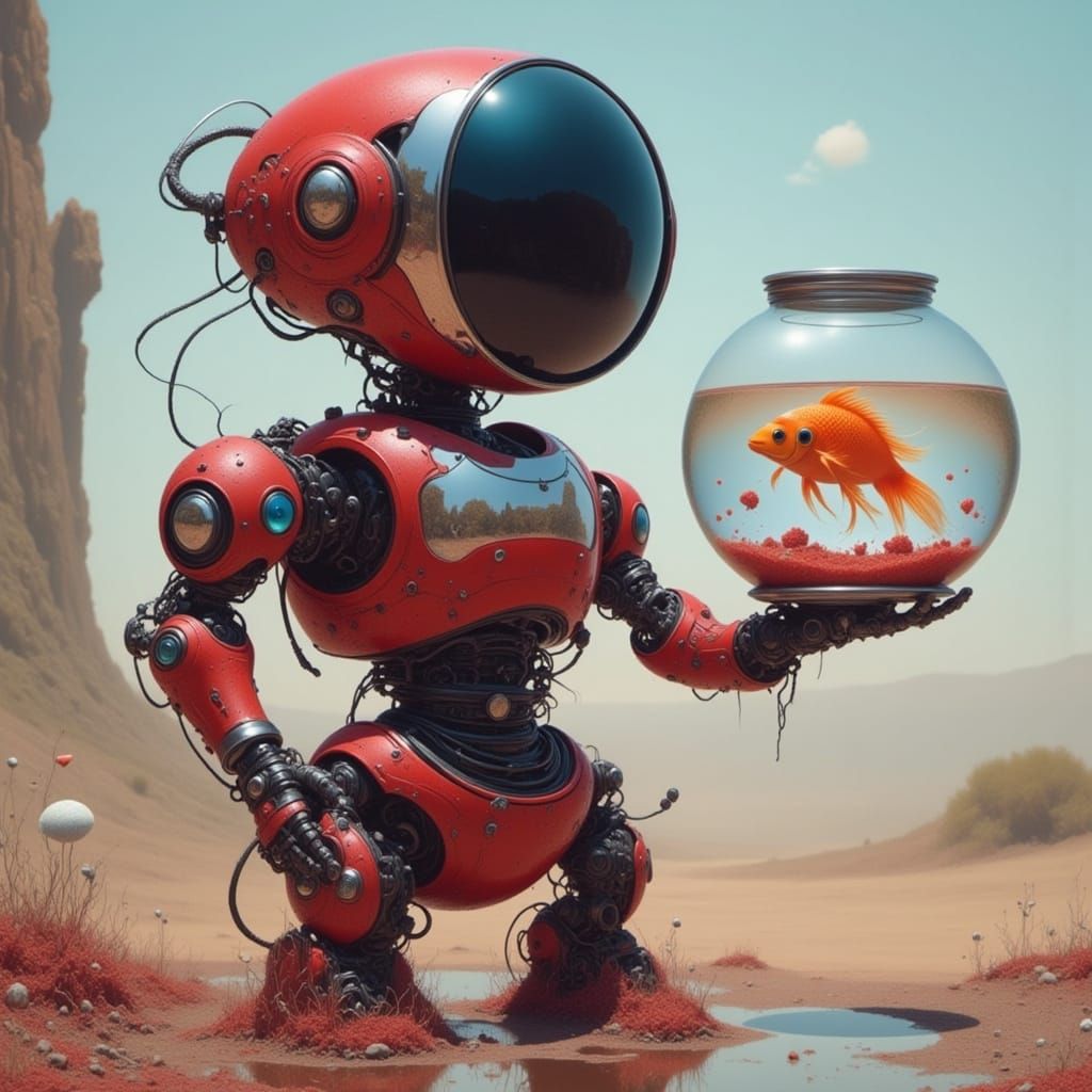Cute Robot Holding a Fishbowl