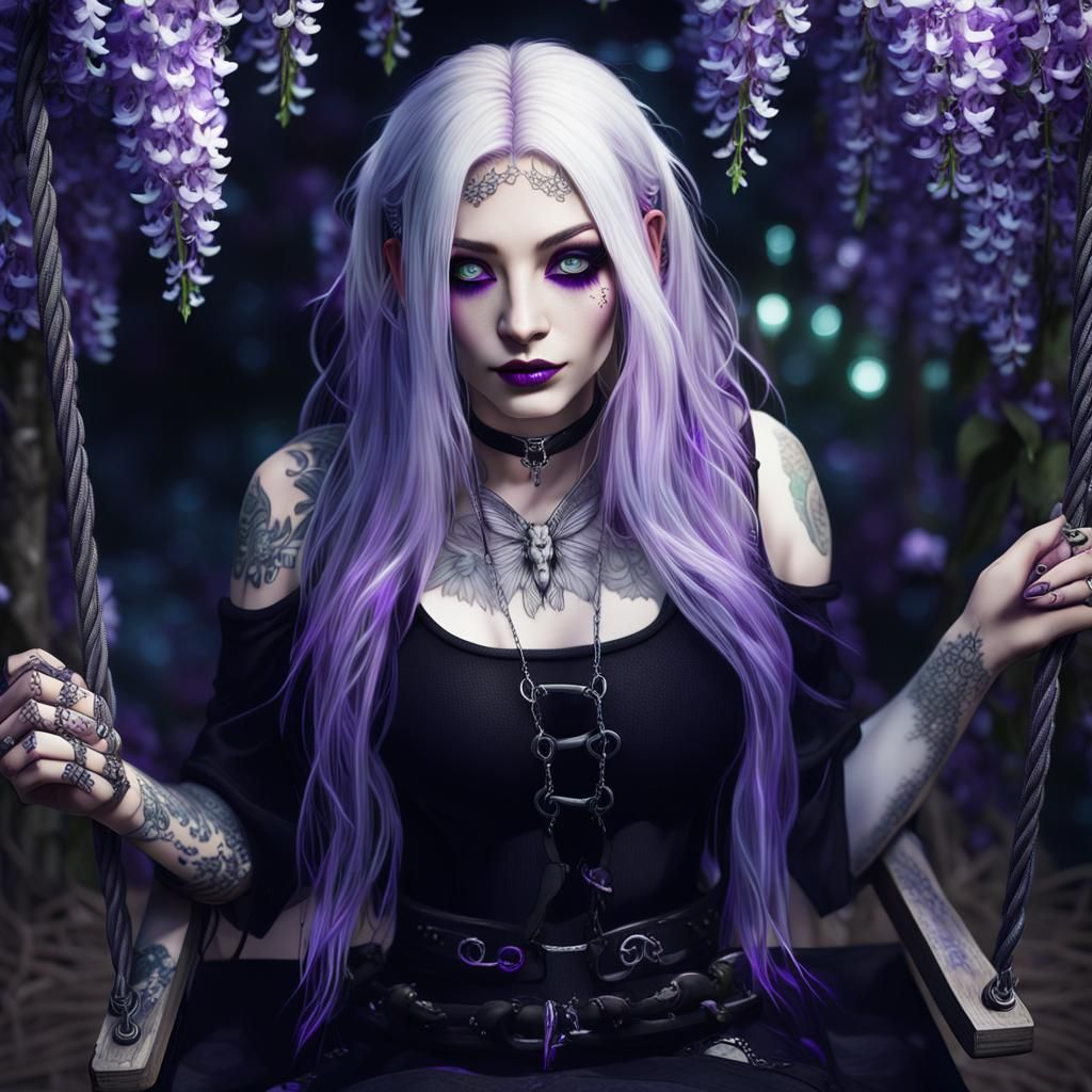 Goth Girl on Swing with Luminous Details in Cyberpunk Style