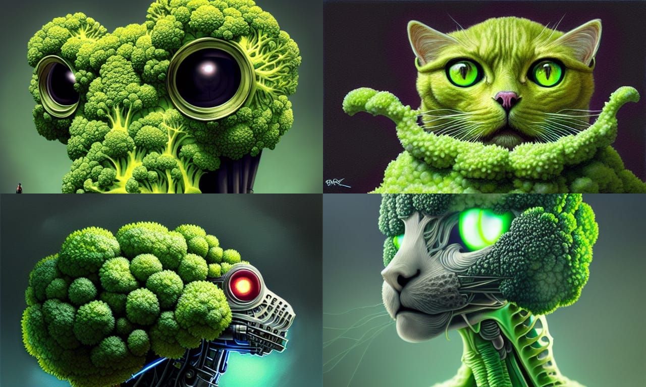 Cybernetic Broccoli Cat Robot: Digital Art Concept
