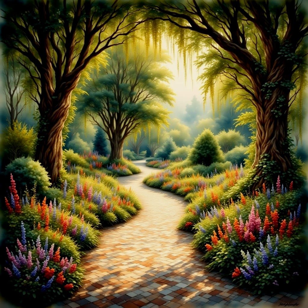 Victorian Garden Path in Antique Watercolor Style