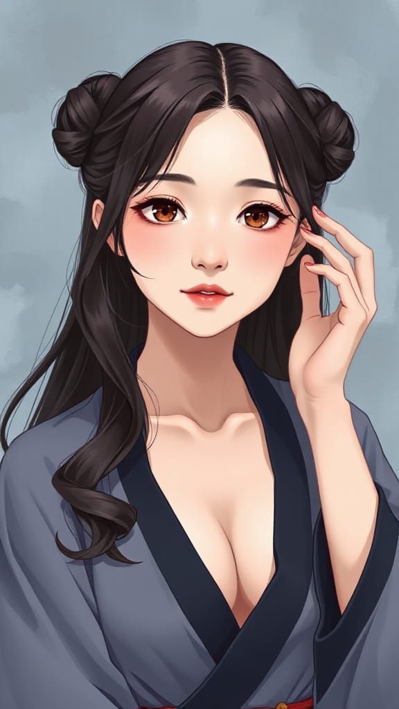 Serene Young Asian Woman in Kimono, Anime Style
