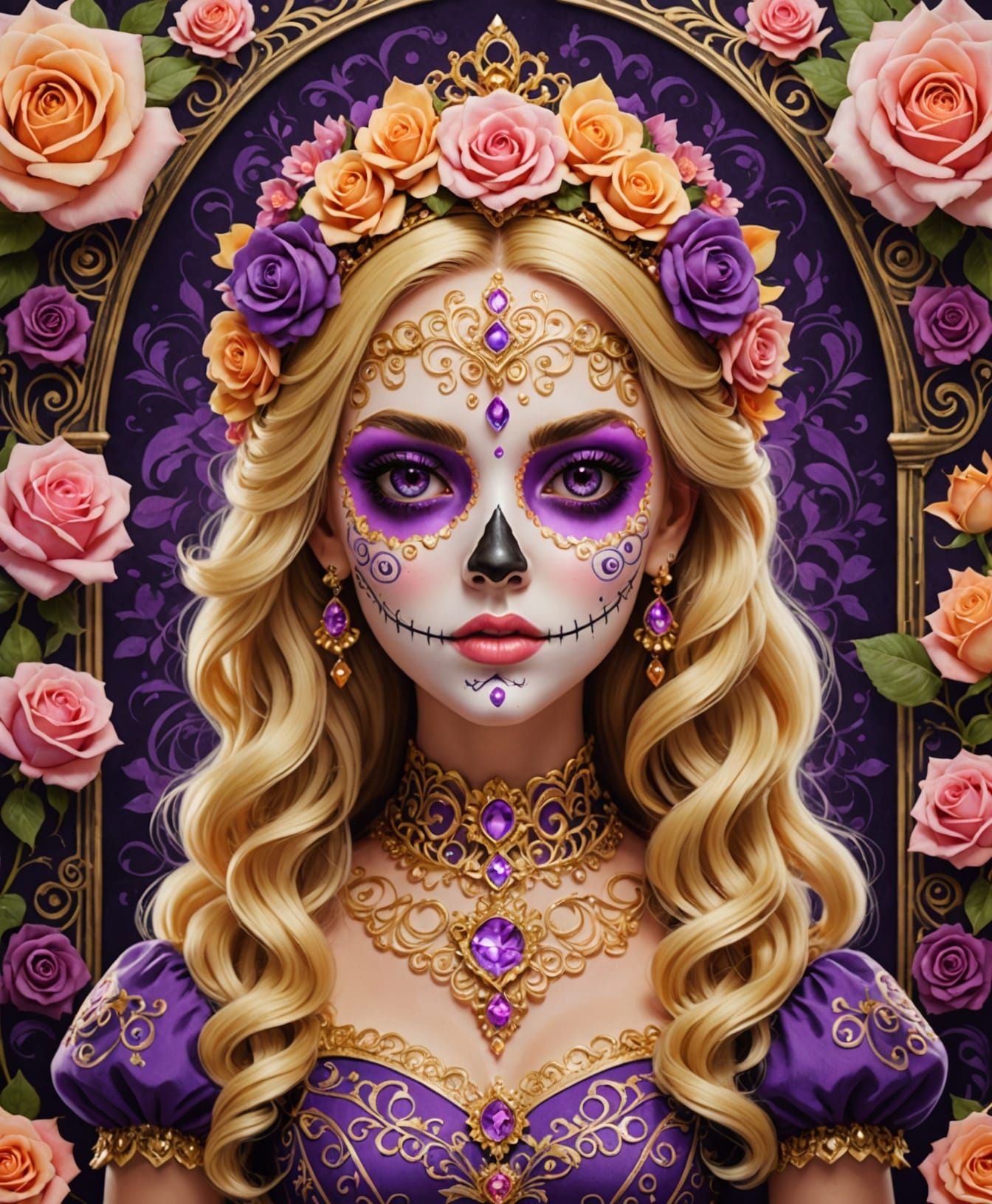 Princess Peach Sugar Skull in Pastel Florals and Golden Fili...