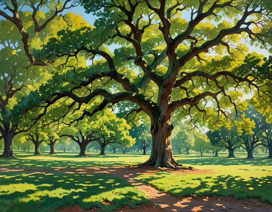 Oak Tree in Serene Parkland: Impressionist Gouache Painting