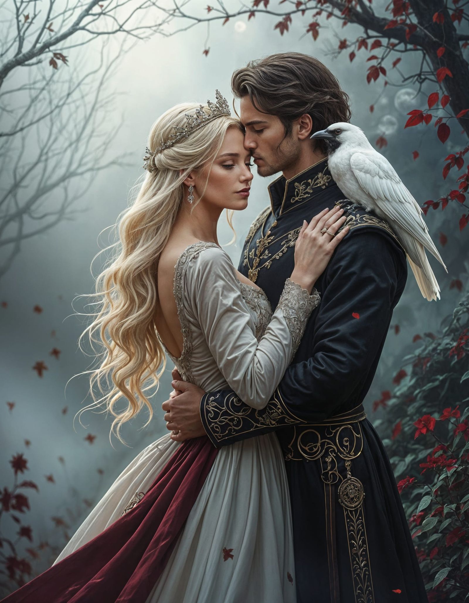 Sensual Princess with Raven in Moonlit Scene