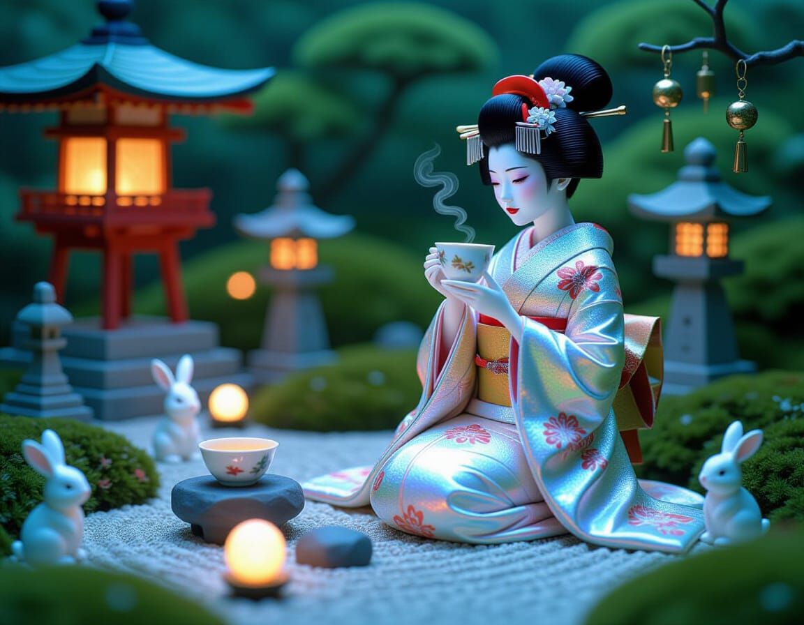 Geisha in Bioluminescent Zen Garden: Japanese Art Style
