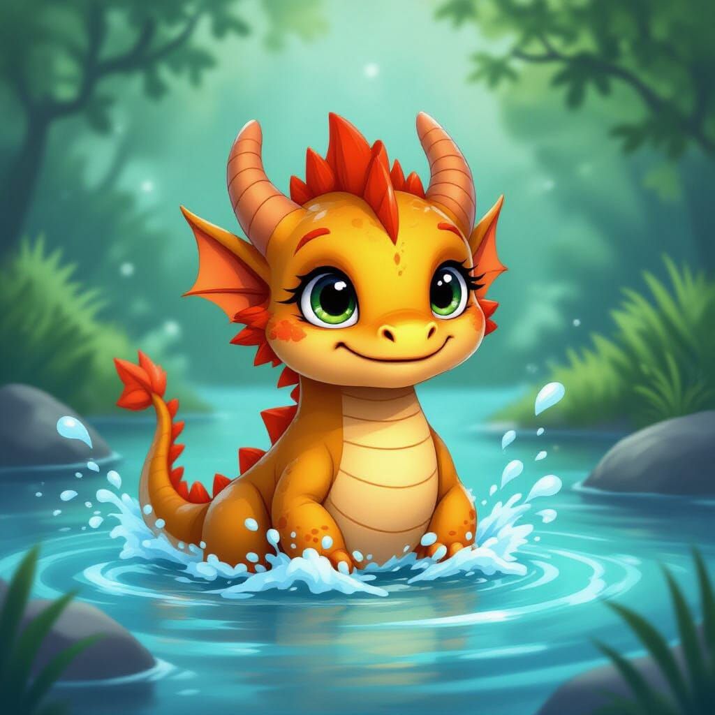 Baby Dragon Splashing in Storybook Style